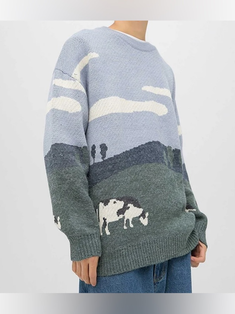EUC Aelfric Eden Multicolor Cow Pasture Graphic Knit Pullover Sweater Size Large - Picture 2 of 6